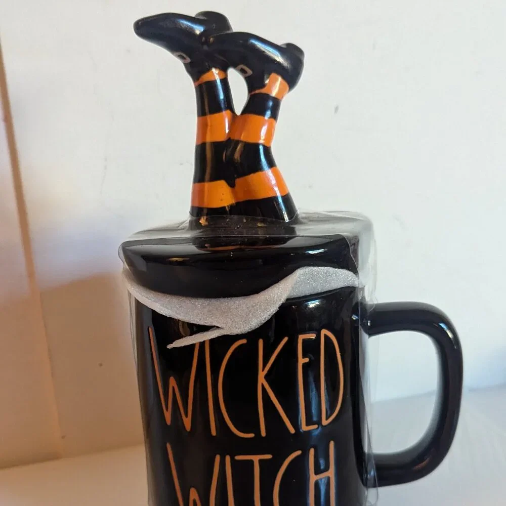 NWT Rae Dunn 'Wicked Witch' Striped Legs Halloween Black Ceramic Mug Set Decor
